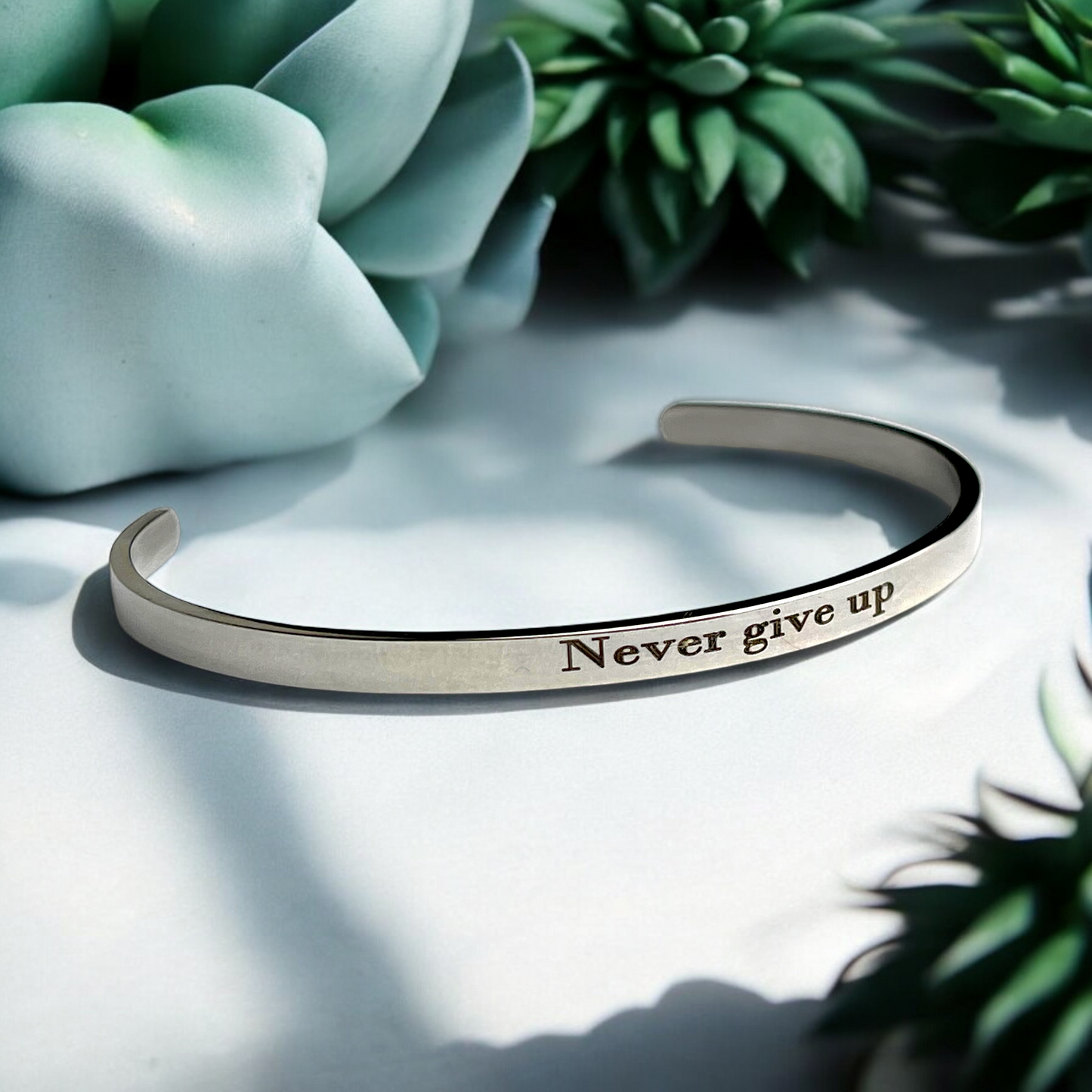 Never Give Up — Minimalist Stainless Steel Bangle in Silver with…