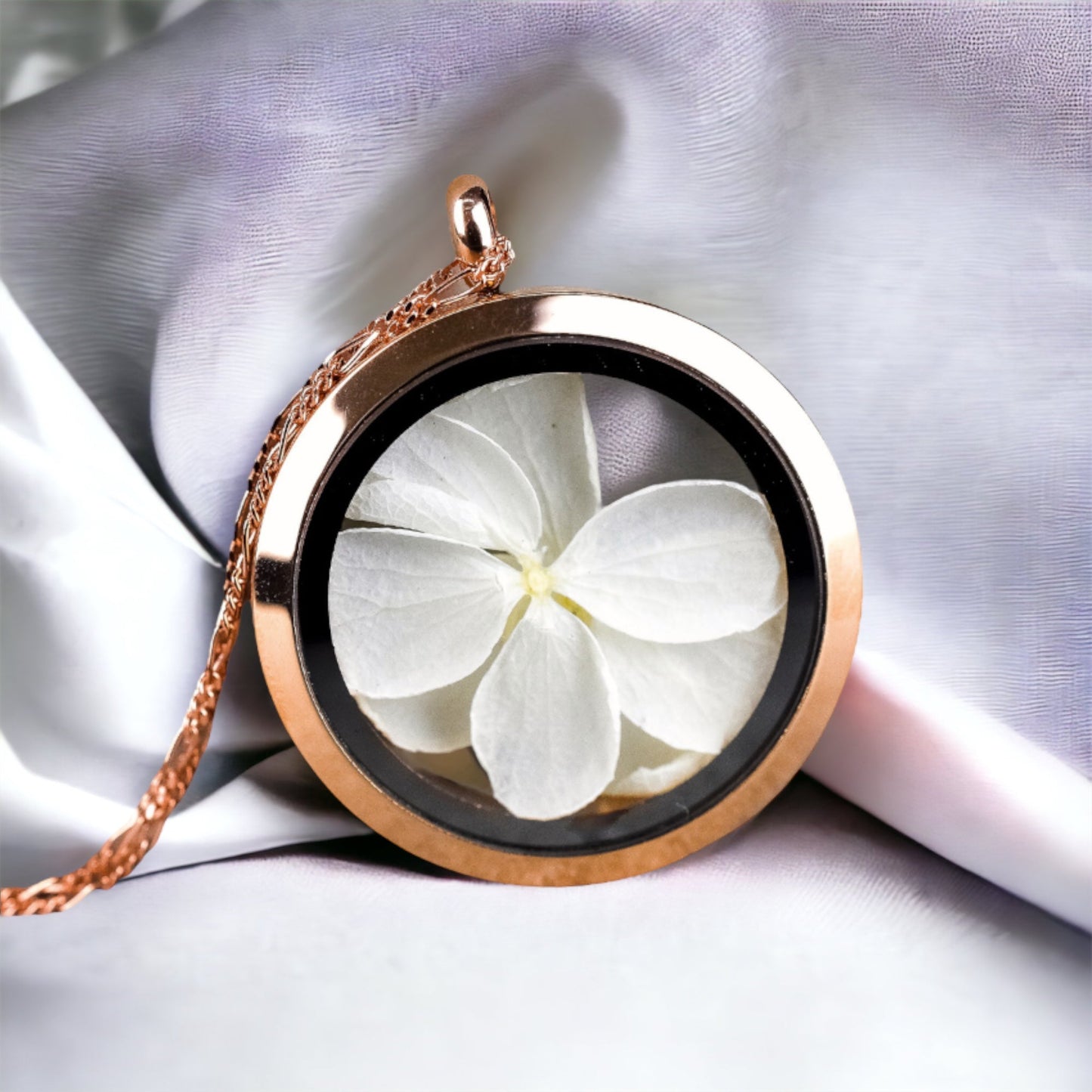 925 Rose Gold Plated Necklace with Real Hydrangea Blossoms