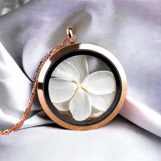 925 Rose Gold Plated Necklace with Real Hydrangea Blossoms