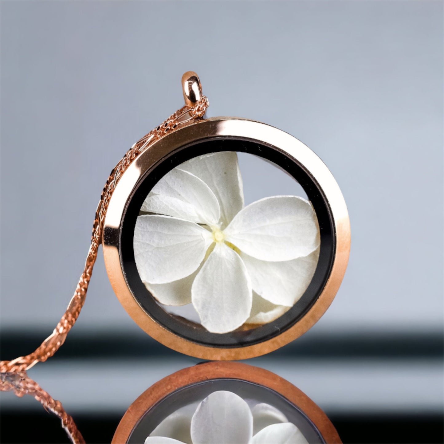 925 Rose Gold Plated Necklace with Real Hydrangea Blossoms