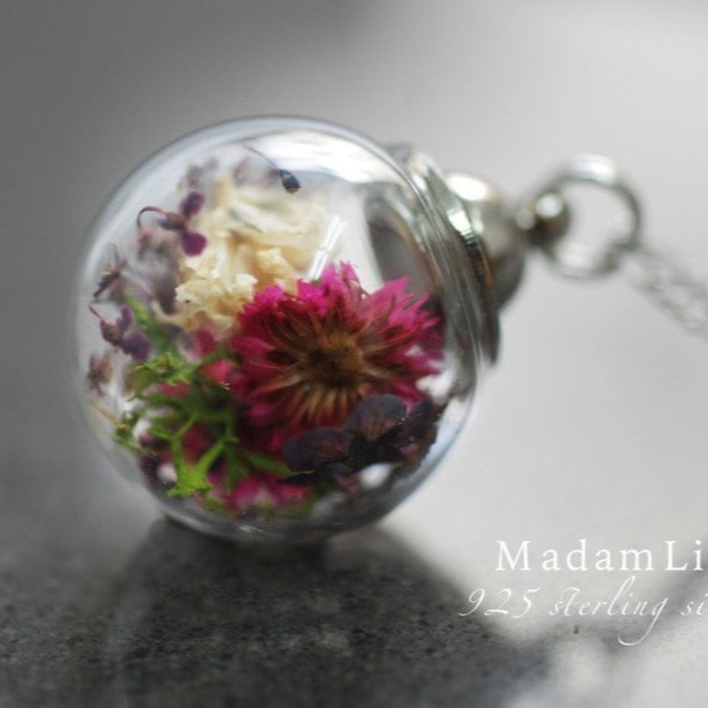 Floral Glass Ball Pendant with Real Blossoms - 925 Sterling Silver…