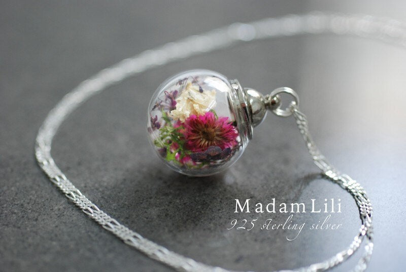 Floral Glass Ball Pendant with Real Blossoms - 925 Sterling Silver…