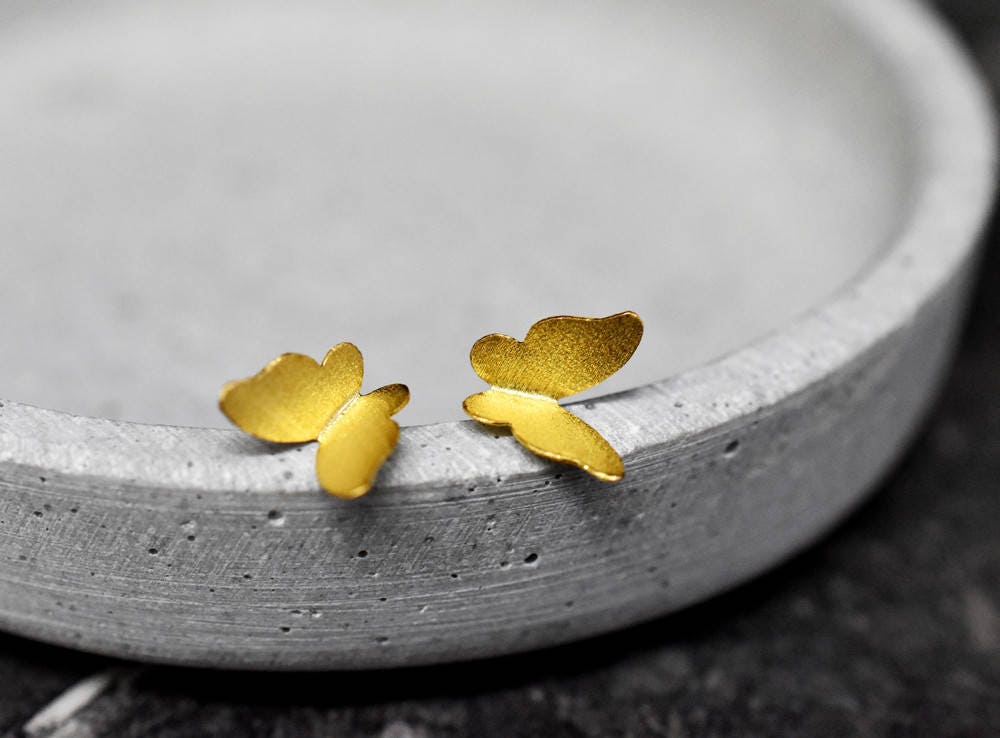 Mini Butterflies Stud Earrings - Minimalist 925 Sterling Gold Gilded…