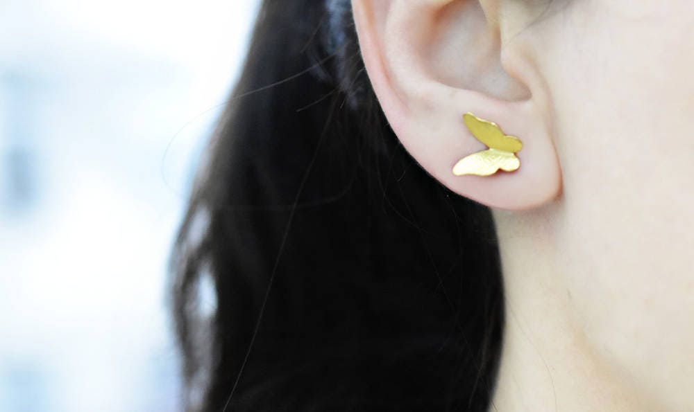 Mini Butterflies Stud Earrings - Minimalist 925 Sterling Gold Gilded…
