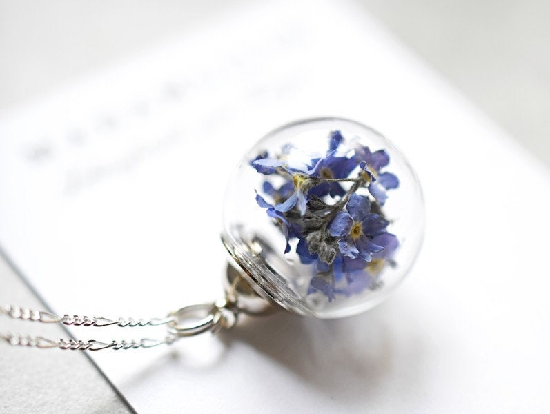 Forget-me-not flowers 925 sterling silver necklace - terrarium…