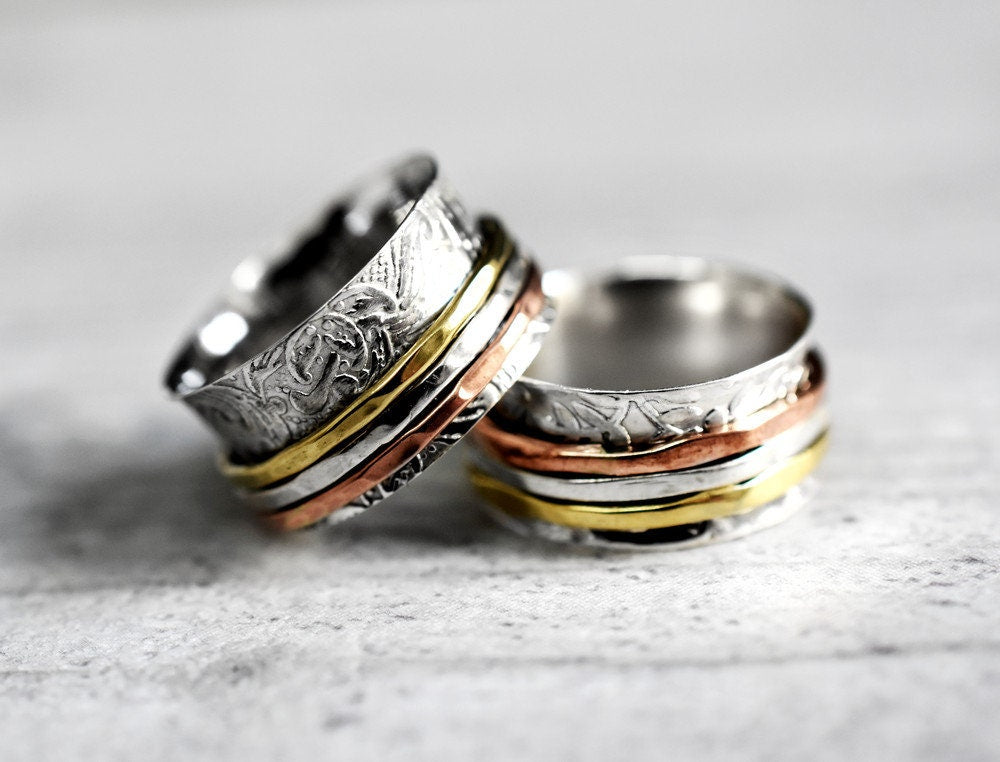 Floral meditation ring with three-colored ribbon - 925 sterling…