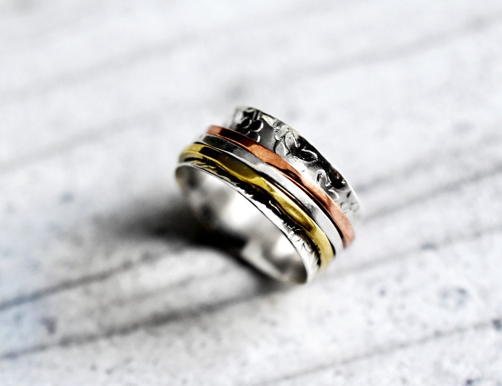 Floral meditation ring with three-colored ribbon - 925 sterling…