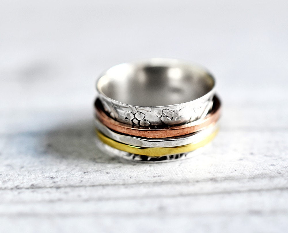 Floral meditation ring with three-colored ribbon - 925 sterling…