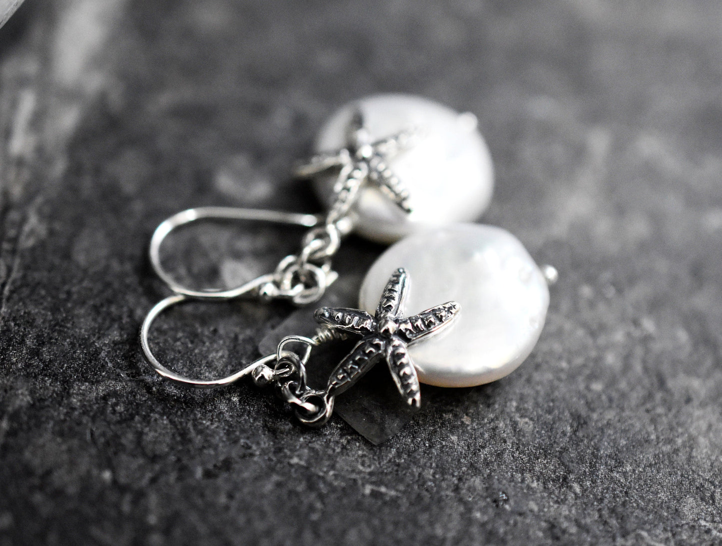 Starfish mother of pearl earrings - petite silver luxury minimalist…
