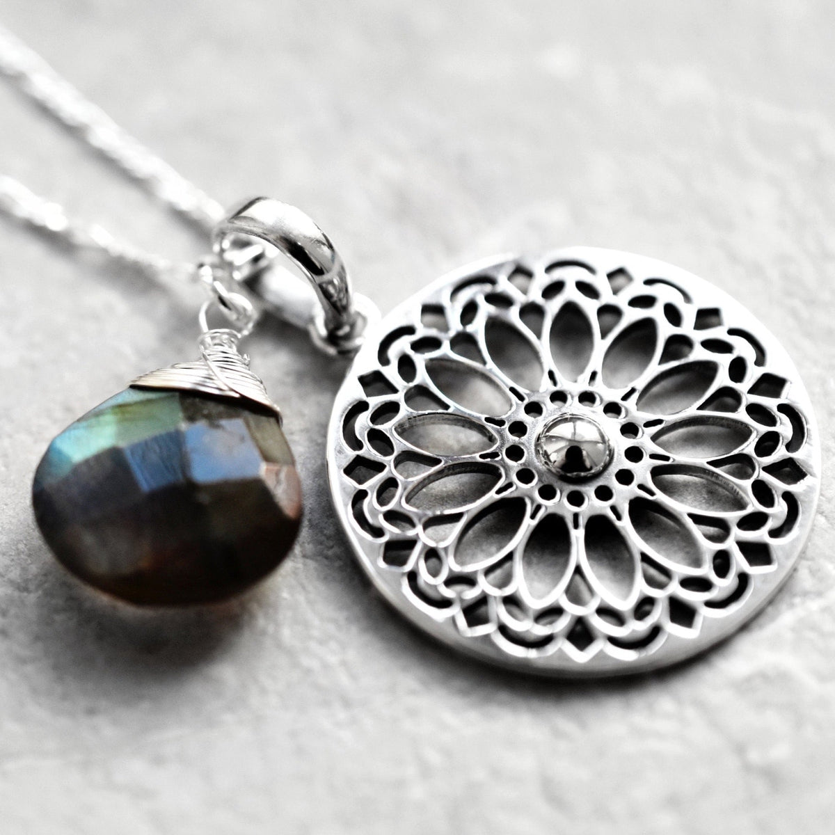 Labradorite Gemstone Mandala Jewelry Set - 925 Sterling Silver Meditation Necklace - K925-118