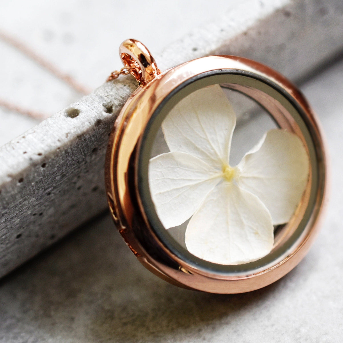 Real Hydrangea Blossom Locket Necklace - 925 Sterling Gold-Plated