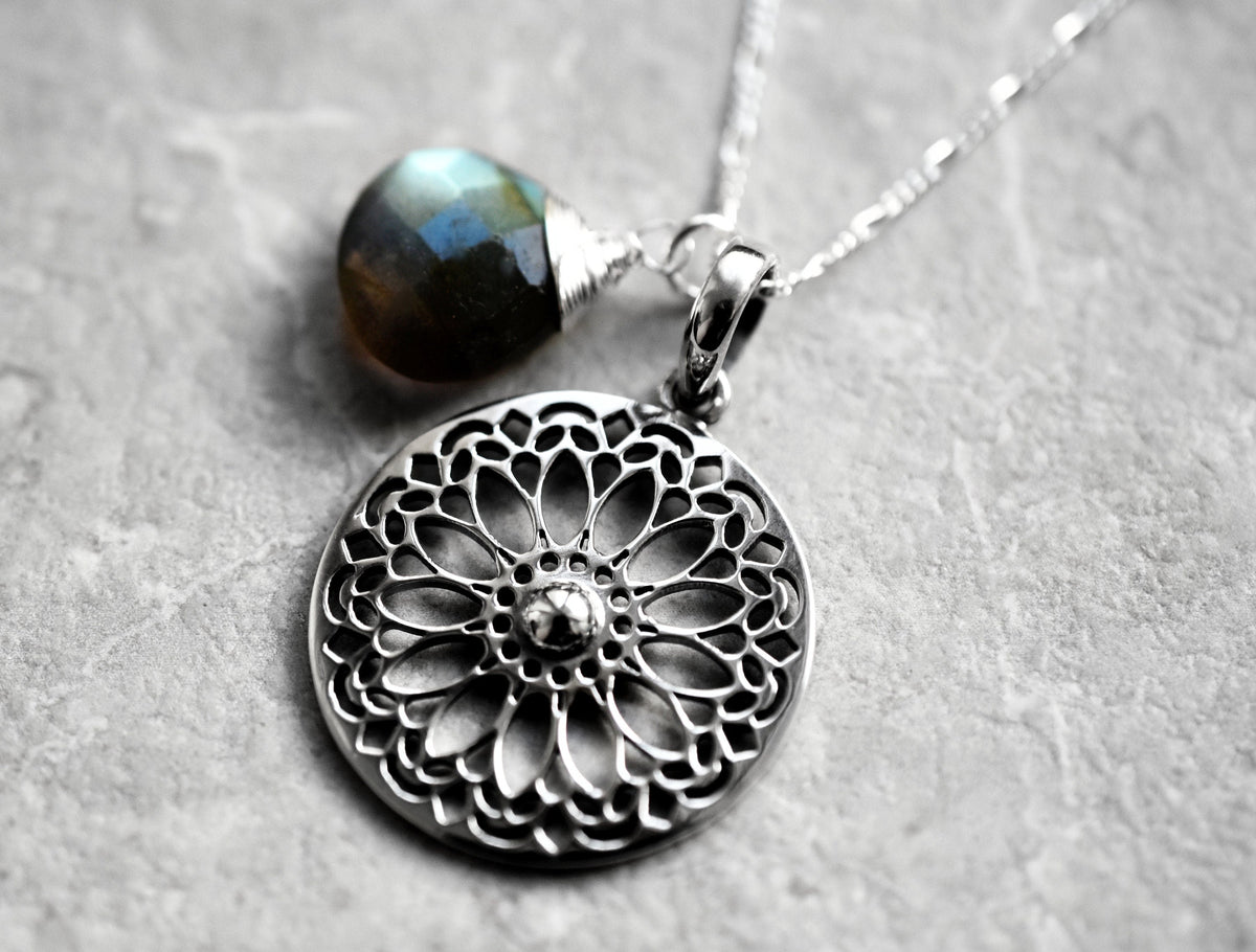 Labradorite Gemstone Mandala Jewelry Set - 925 Sterling Silver Meditation Necklace - K925-118