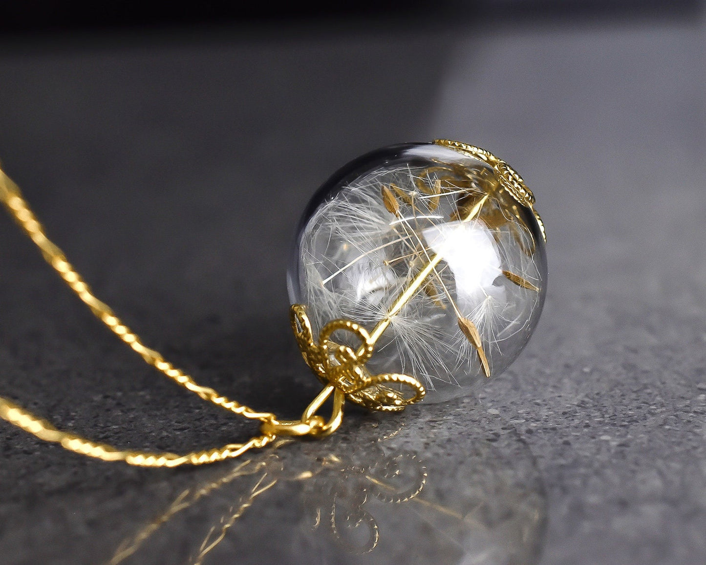 Dandelion Glass Pendant - 925 Sterling Gold Gilded Dandelion Seeds…