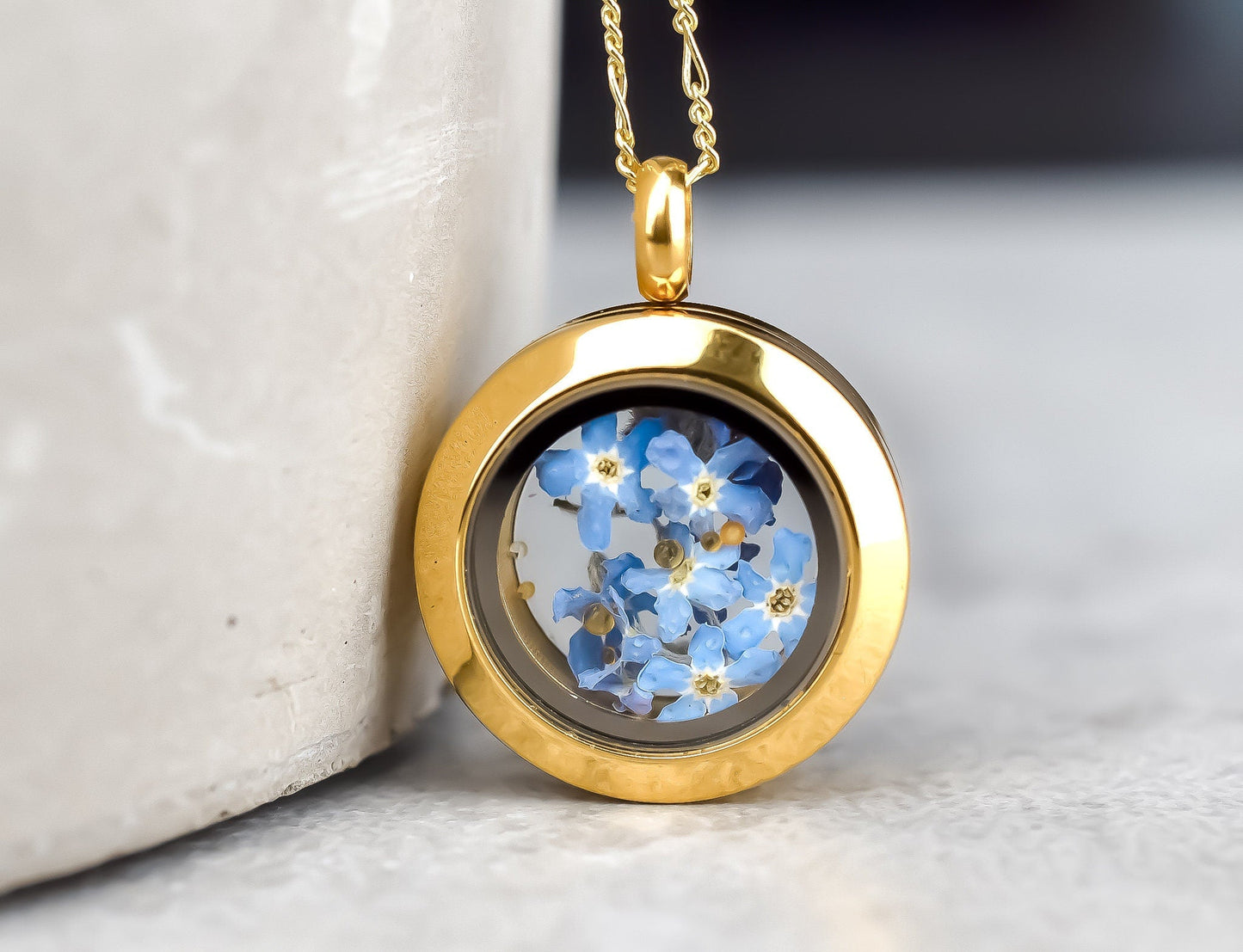 Forget-me-not Medallion - Glass Pendant Genuine Flowers 925 Sterling…