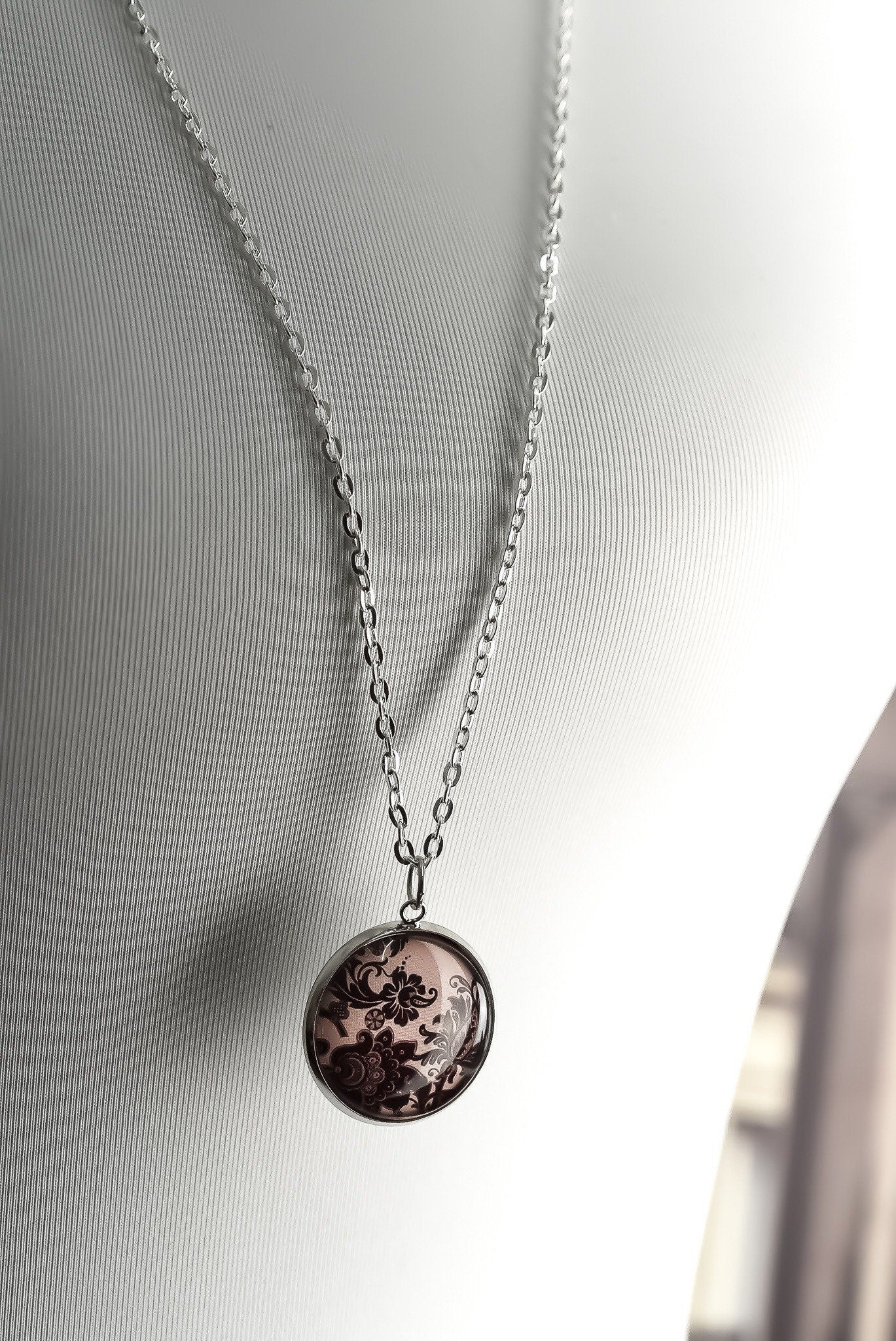 Floral Glass Pendant - Silver Plated Violet Floral Shabby Flowers Chain