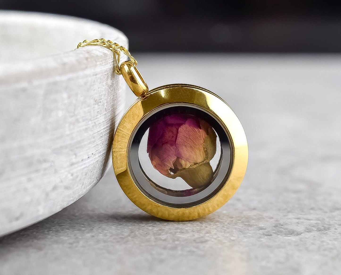 Romantic Rose Nosps Glass Locket Pendant - 925 Sterling Gold Plated…