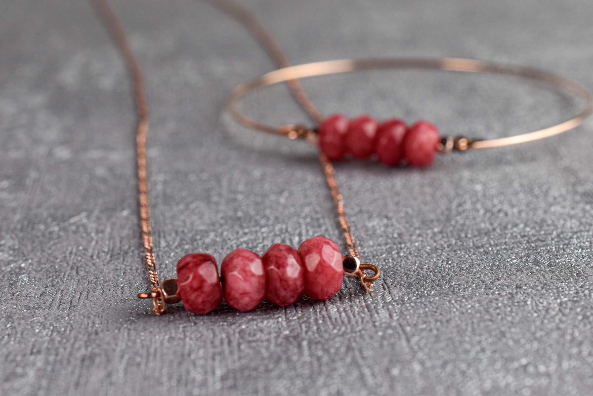 Jade Rondelle Bangle - Rose Gold Gold-plated Garnet Apple Red Gemstone Jewelry - RETARM-47