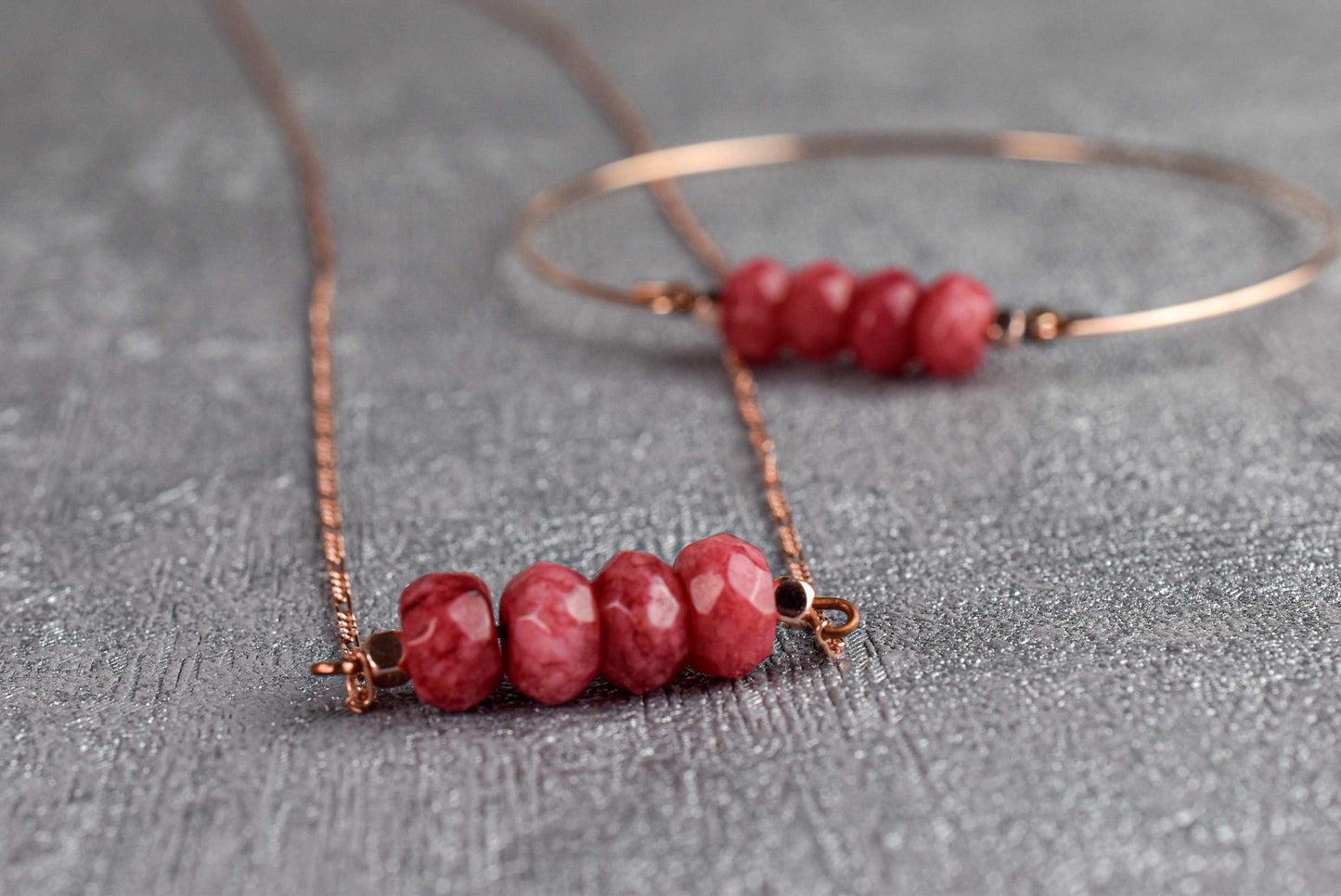 Jade Rondelle Bangle - Rosegold Gold Plated Pomegranate Red Gemstone…