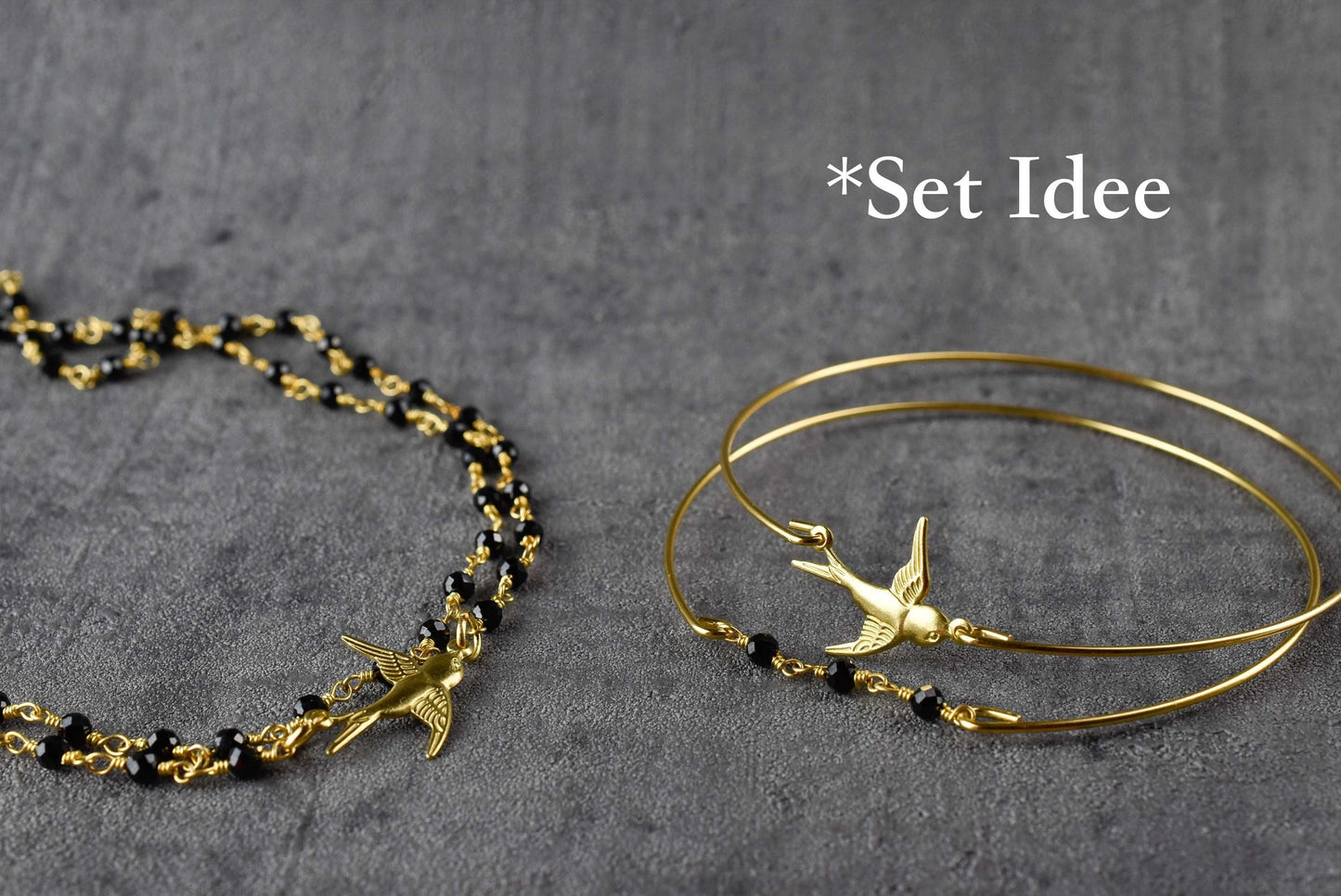 Onyx Swallows Gold Bangles Set - Gold Plated Black Gem Rondella…
