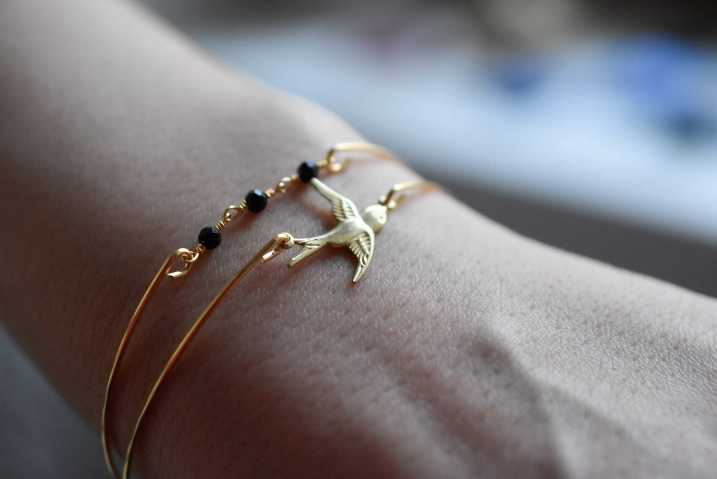 Onyx Swallows Gold Bangles Set - Gold Plated Black Gem Rondella…