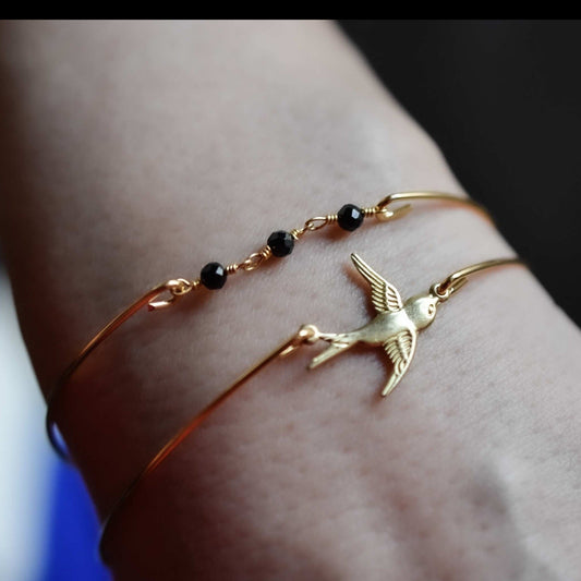 Onyx Swallows Gold Bangles Set - Gold Plated Black Gem Rondella…