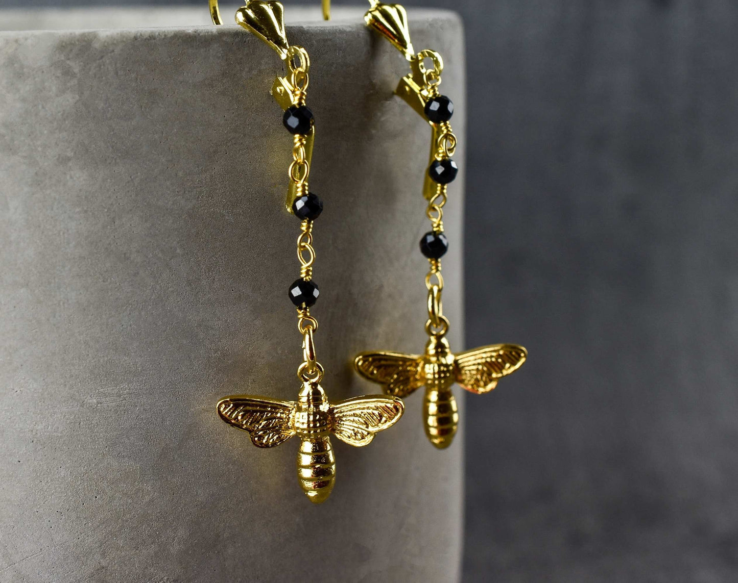 Golden Bees Earrings - Gem School Black Onyx Summer Jewelry — 66