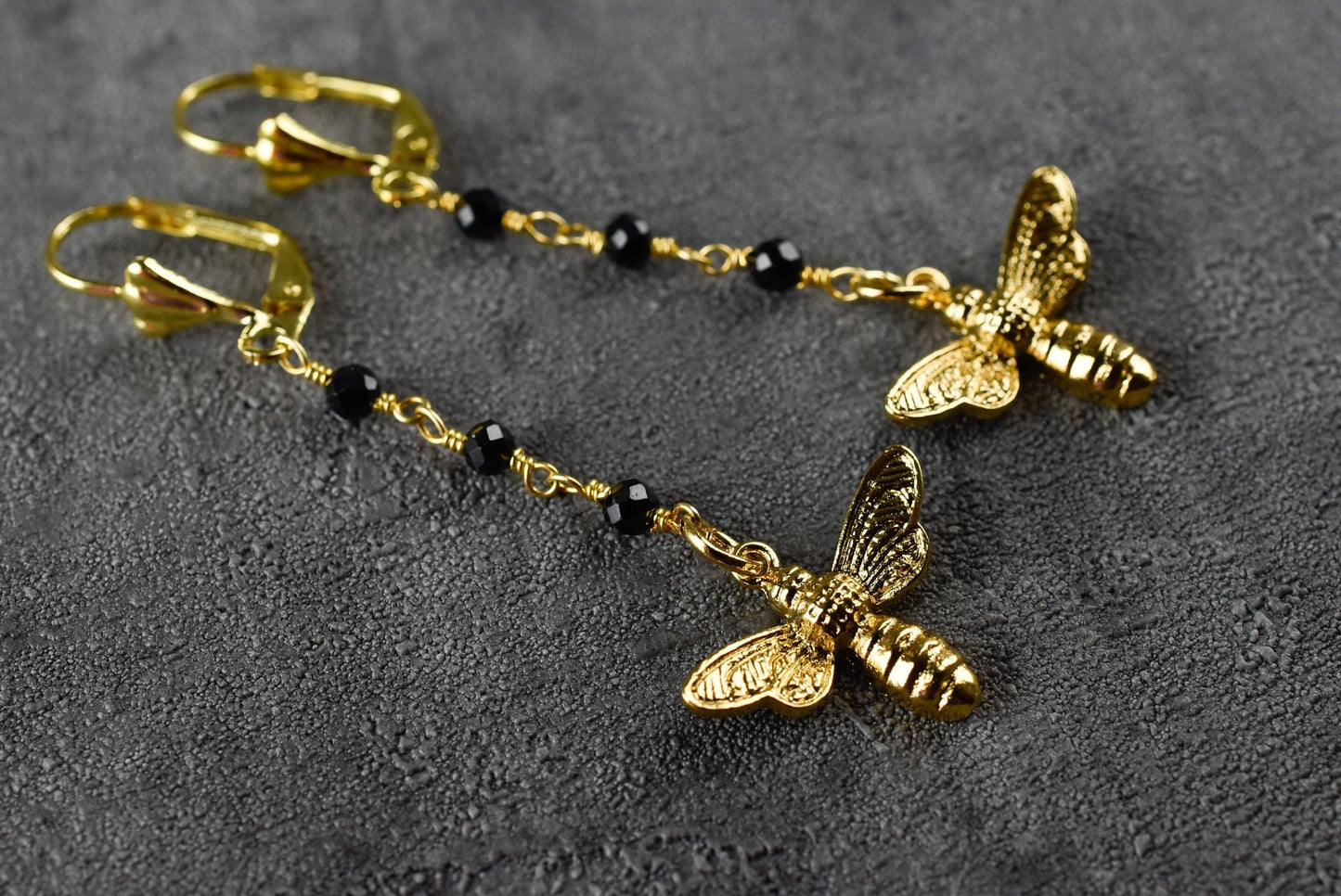 Golden Bees Earrings - Gem School Black Onyx Summer Jewelry — 66