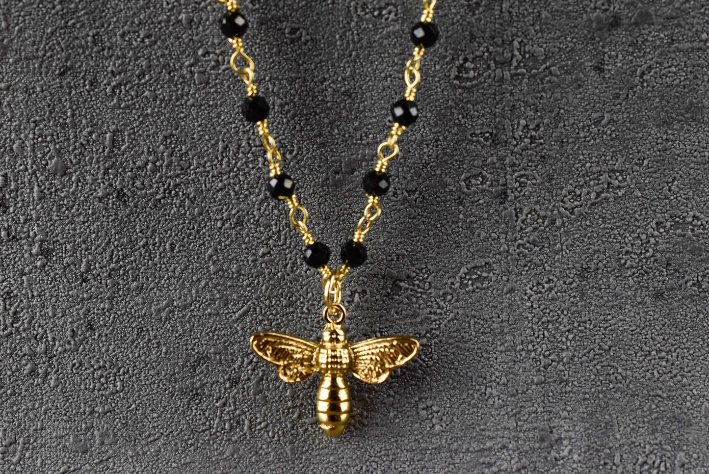 Gold Bumblebee Necklace with Onyx - Gemstone Chain with Petite Bees…