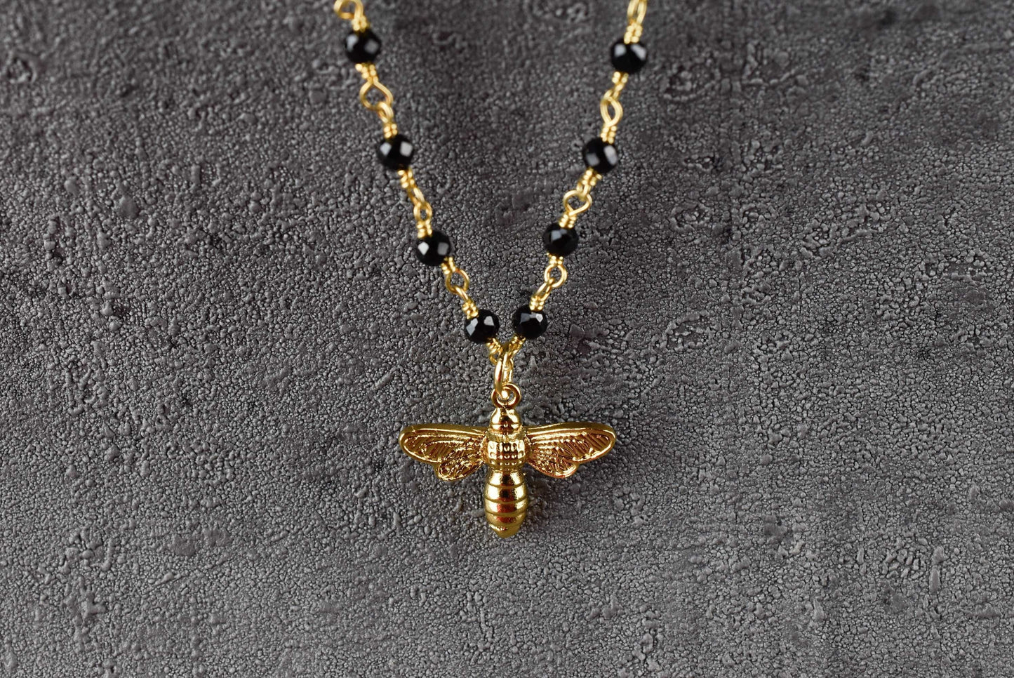 Gold Bumblebee Necklace with Onyx - Gemstone Chain with Petite Bees…