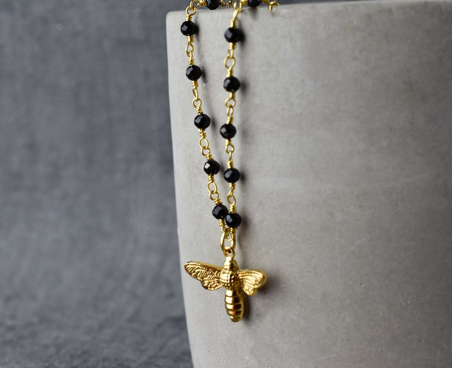 Gold Bumblebee Necklace with Onyx - Gemstone Chain with Petite Bees…