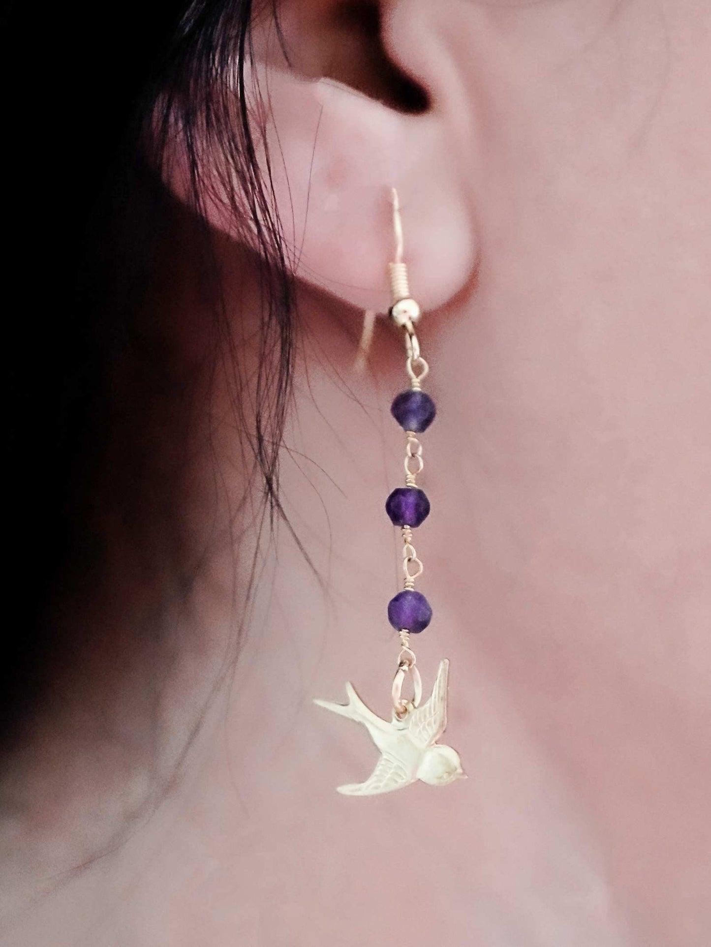 Amethyst swallows gold earrings