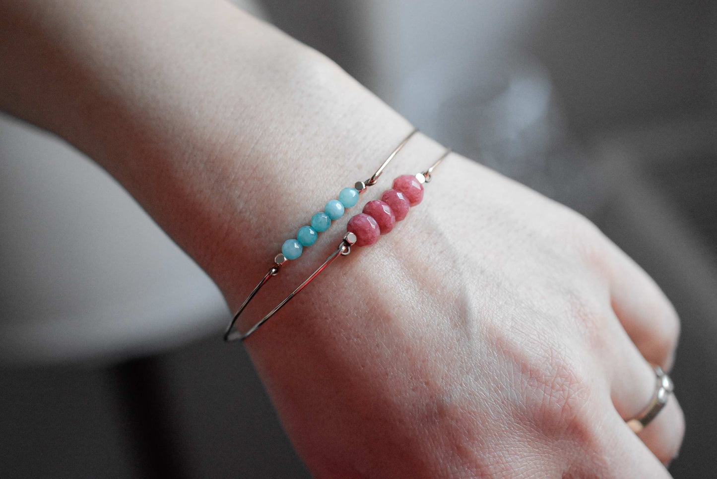 Jade Rondelle Bangle - Rosegold Gold Plated Pomegranate Red Gemstone…
