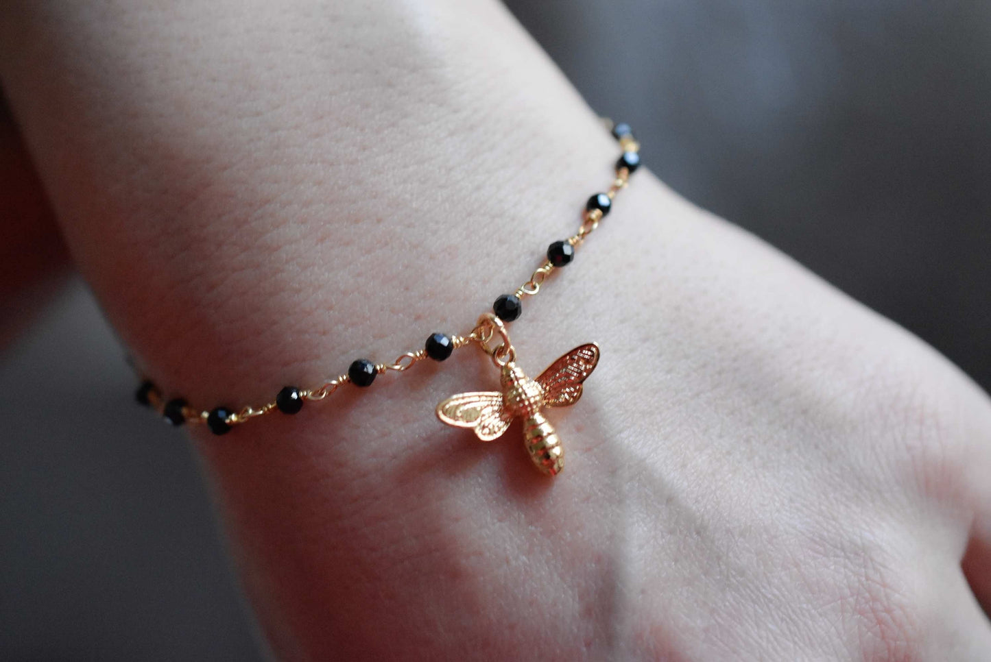 Gold bumblebee bracelet with onyx - gemstone bracelet with petite…