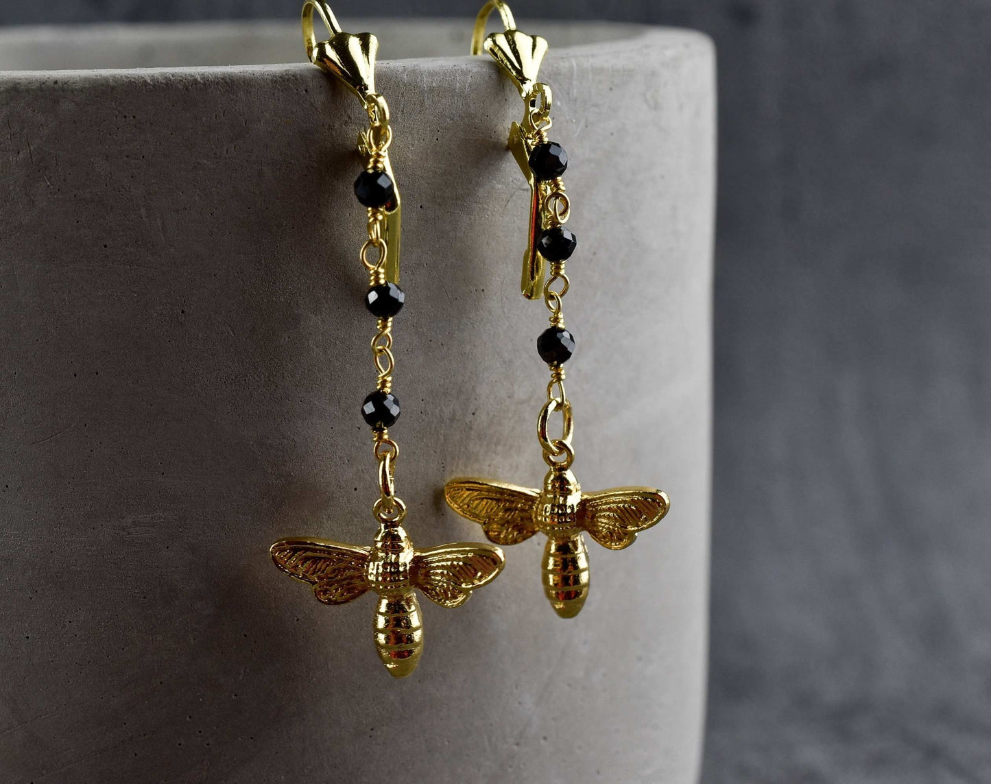 Golden Bees Earrings - Gem School Black Onyx Summer Jewelry — 66