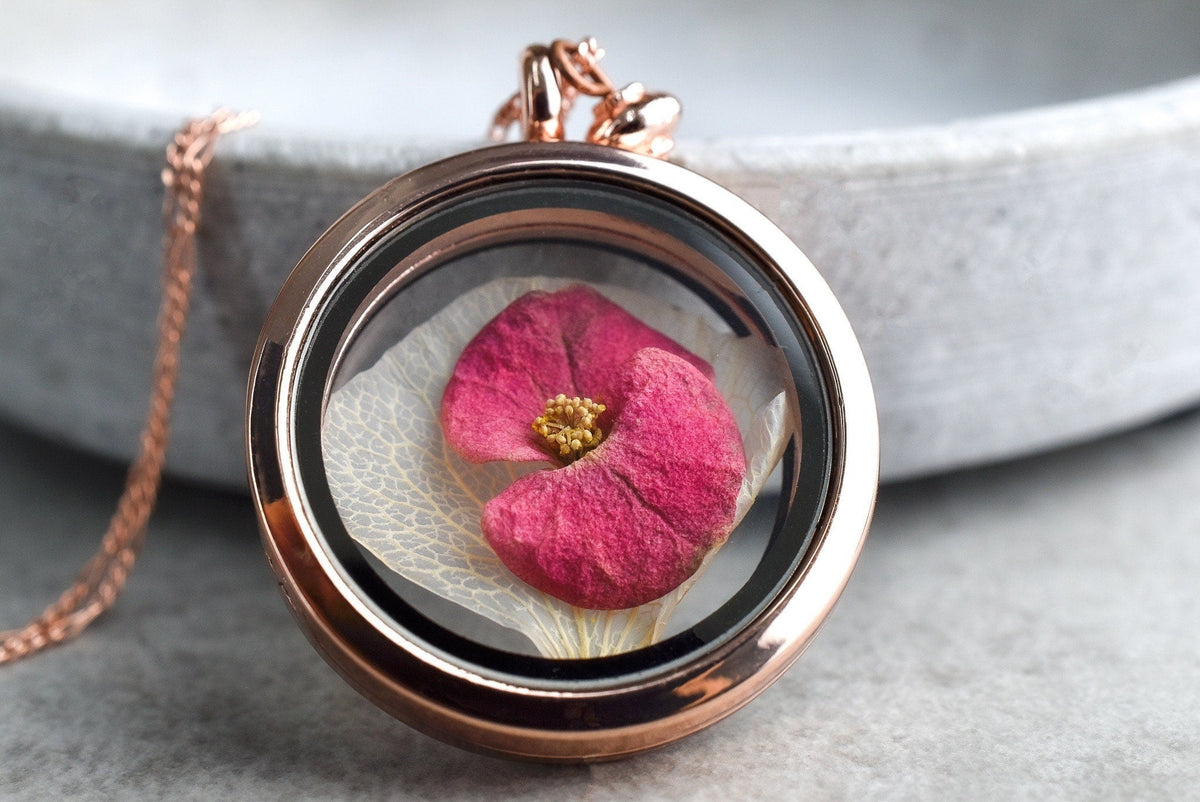 925 Sterling Rose Gold-Plated Necklace with Preserved Christ’s Thorn Blossom and Hydrangea Leaf in a Glass Medallion - PR083