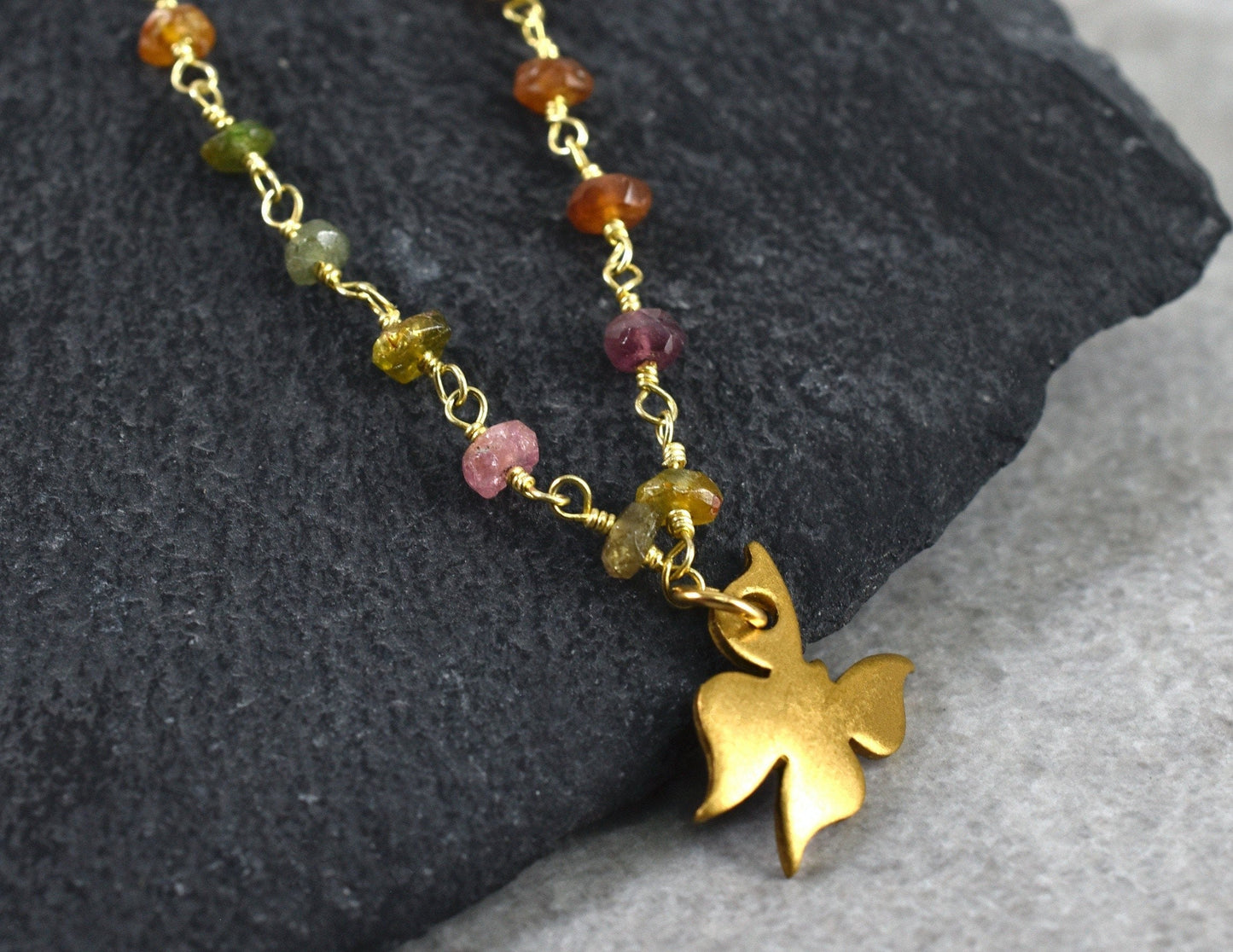 Tourmaline Gold Butterfly Necklace - Gemstone Gradient Metamorphosis…