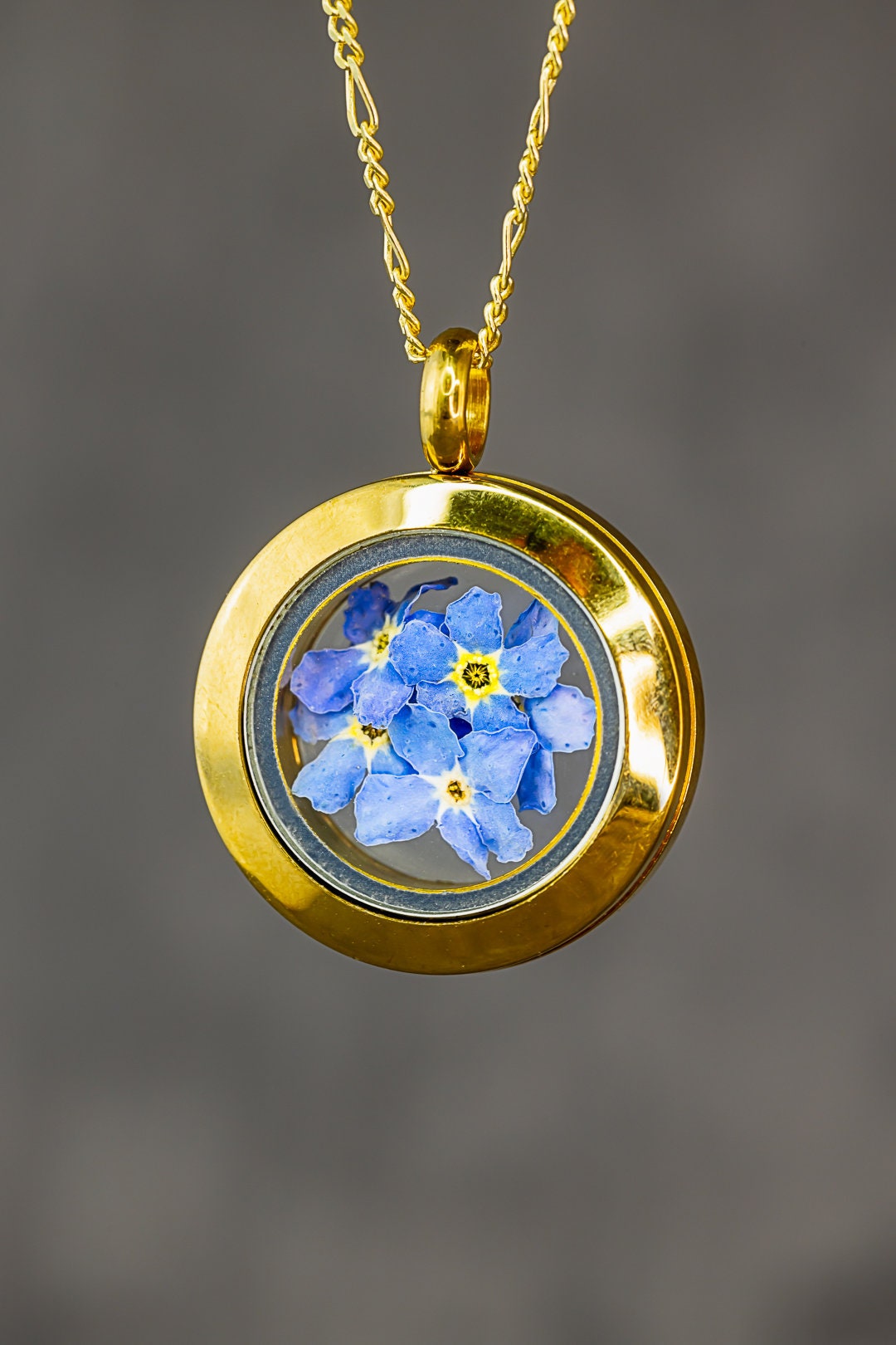 Forget-me-not Medallion - Glass Pendant Genuine Flowers 925 Sterling…