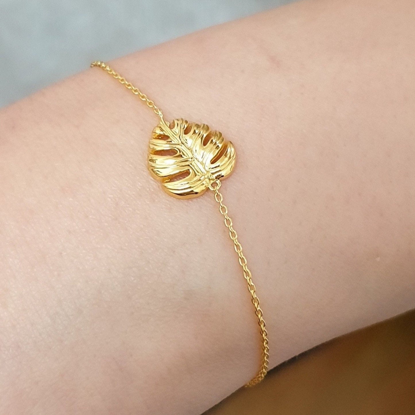Monstera Leaf Gold Bracelet - 925 Sterling Gold Gilded Nature Jewelry