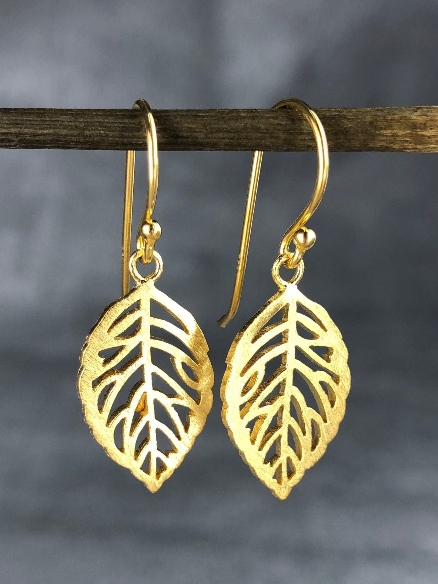 Leaf Earrings - 925 Sterling Gold Plated Botanical Drop Earrings — 14