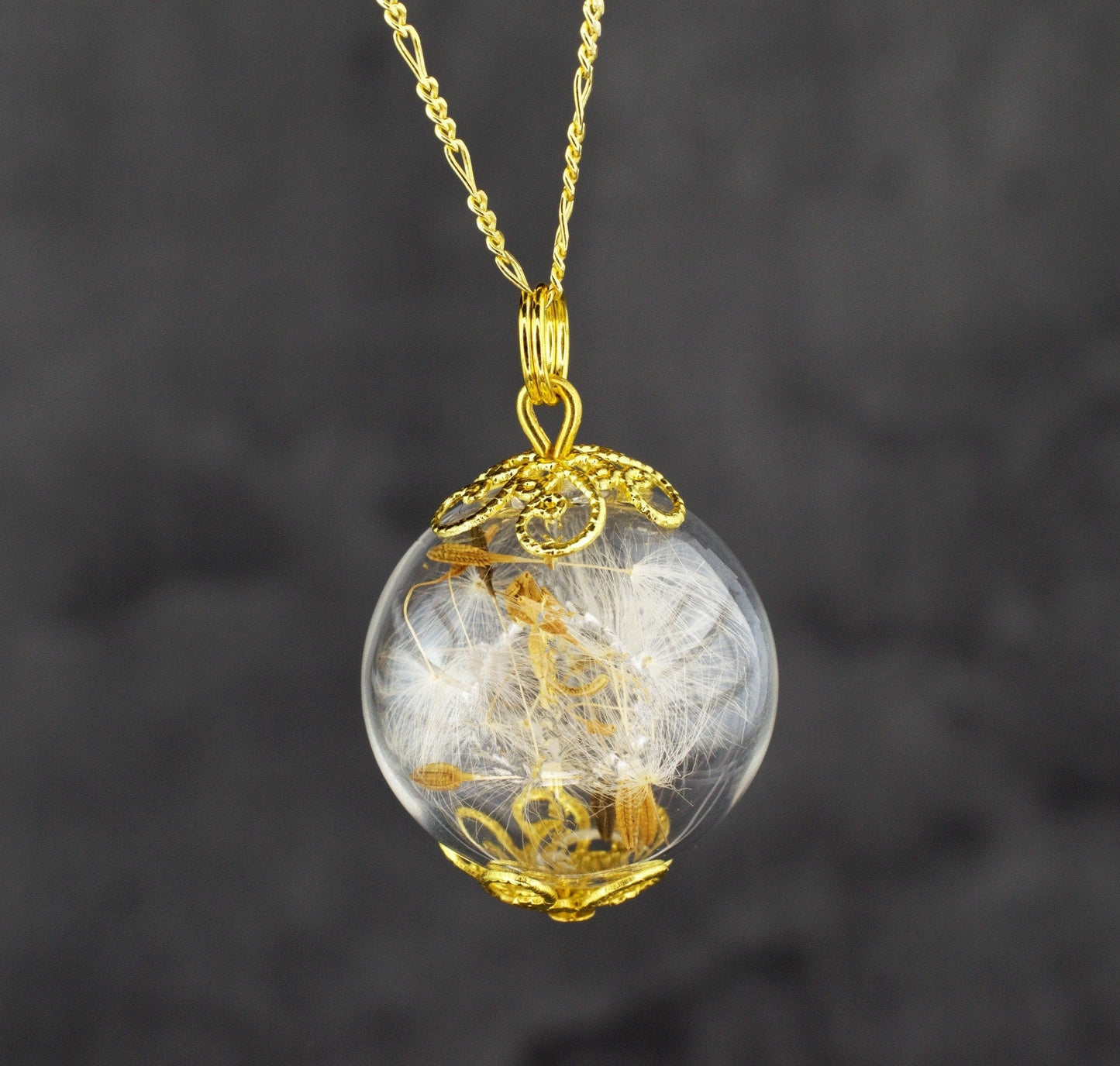 Dandelion Glass Pendant - 925 Sterling Gold Gilded Dandelion Seeds…