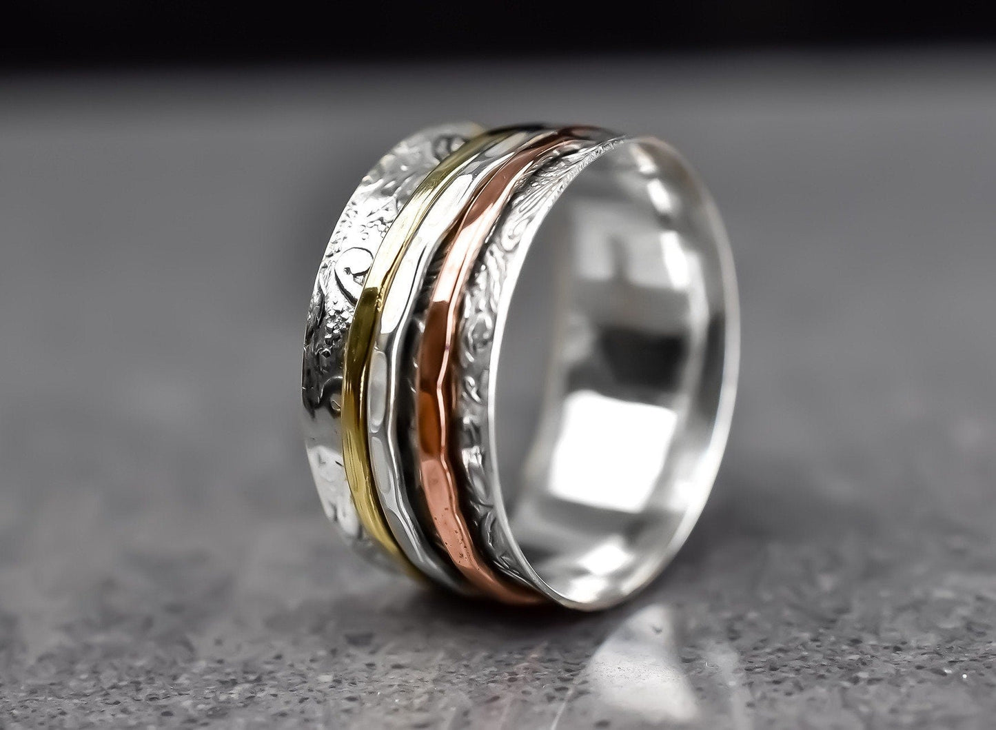 Floral meditation ring with three-colored ribbon - 925 sterling…