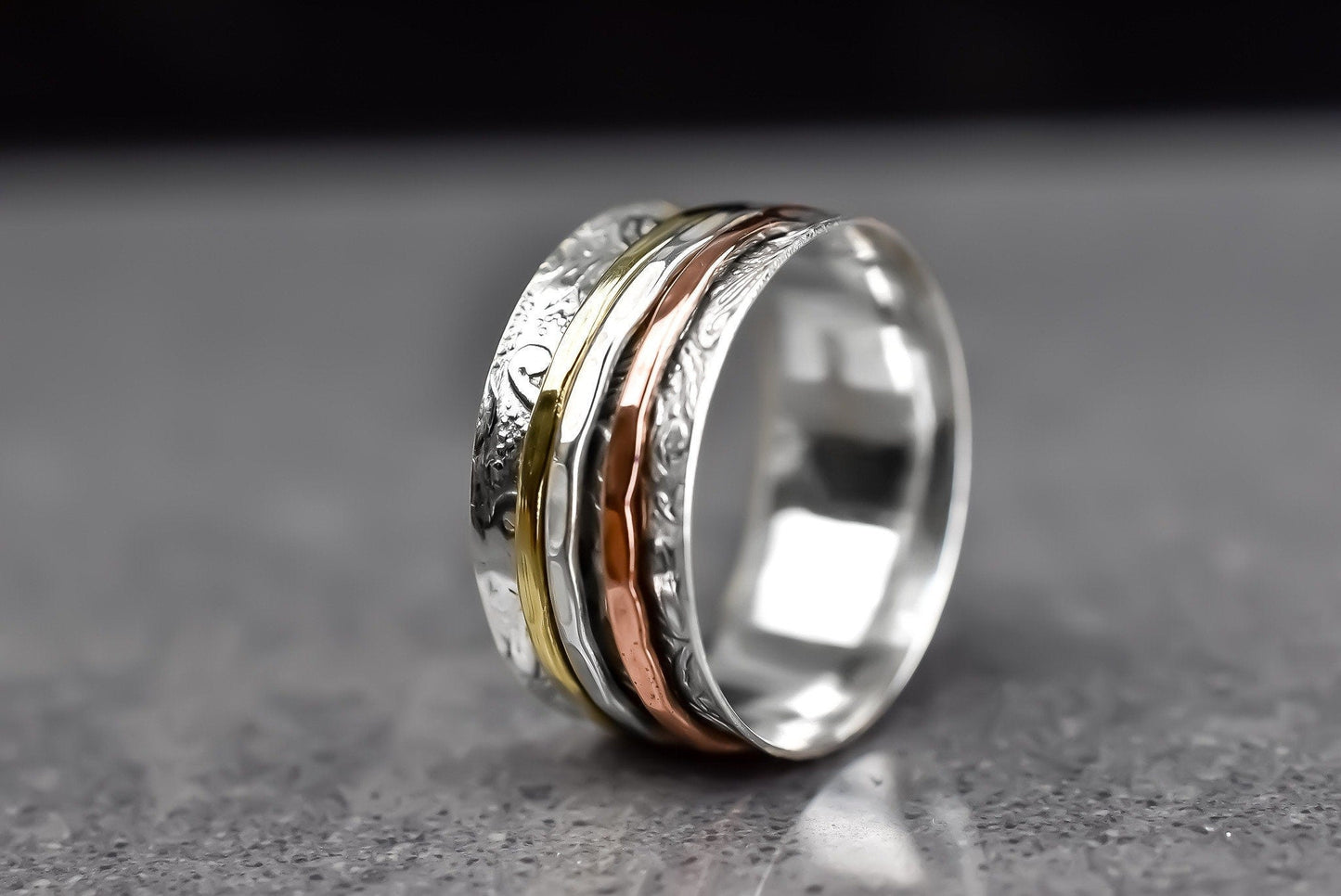 Floral meditation ring with three-colored ribbon - 925 sterling…
