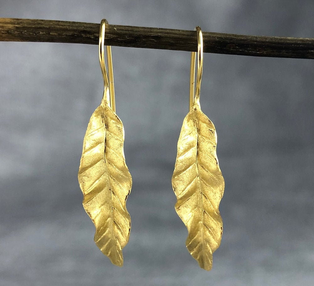 Long Leaves Earrings 925 Sterling Gold Plated Nature Jewelry Gift…