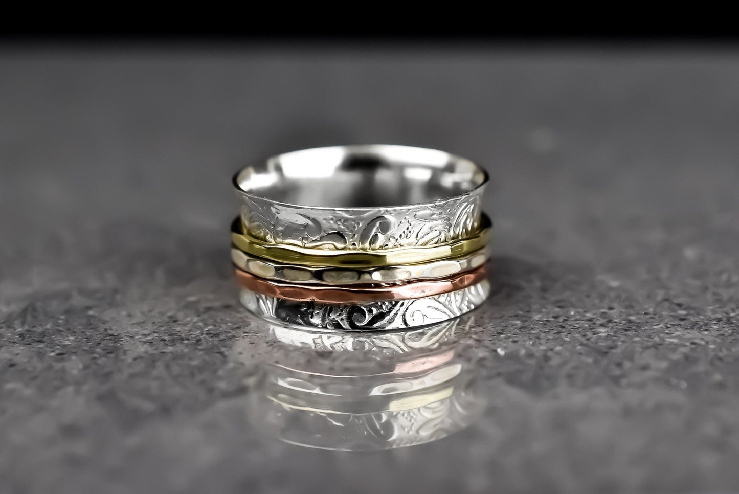 Floral meditation ring with three-colored ribbon - 925 sterling…