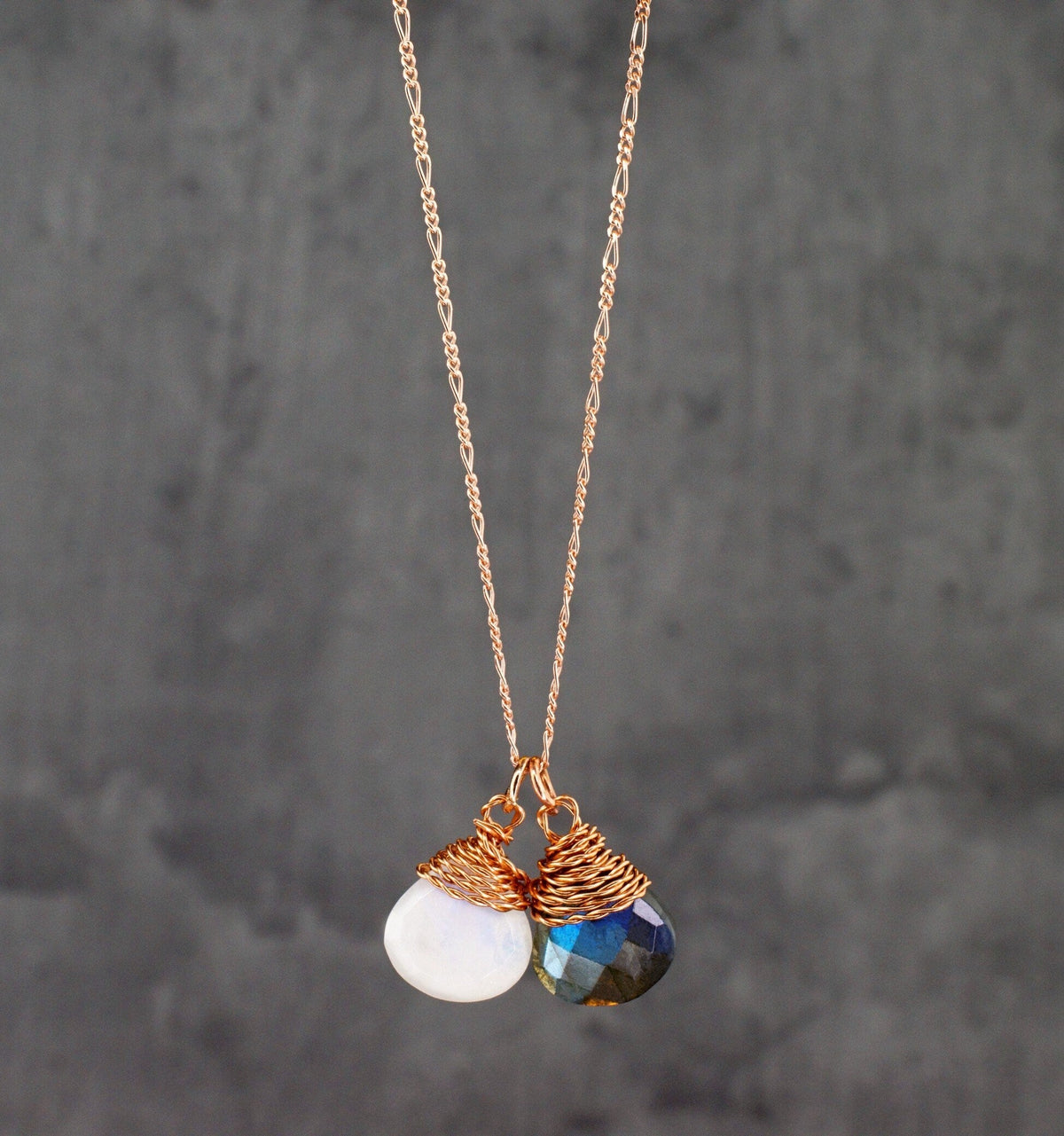 Labradorite & Moonstone Pendant Set - 925 Sterling Rose Gold-plated Necklace - K925-144
