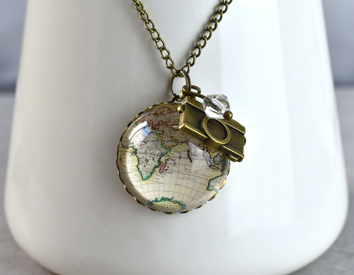 World Map Globe Pendant Chain Vintage Style - Globetrotter Jewelry