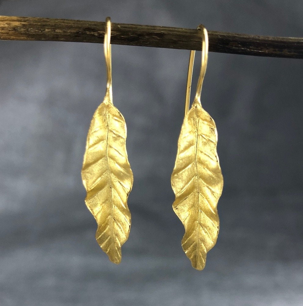Long Leaves Earrings 925 Sterling Gold Plated Nature Jewelry Gift…