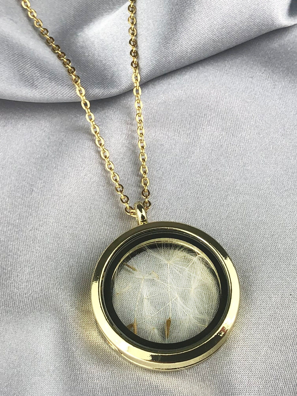Dandelion Seed Glass Locket Necklace - Gold Gold-plated Terrarium Botanical Jewelry - VIK-127