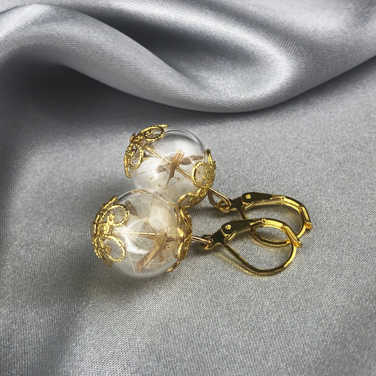 Real Dandelion Earrings - Golden Dangle Earrings with Dandelion Seeds - VINOHR-71