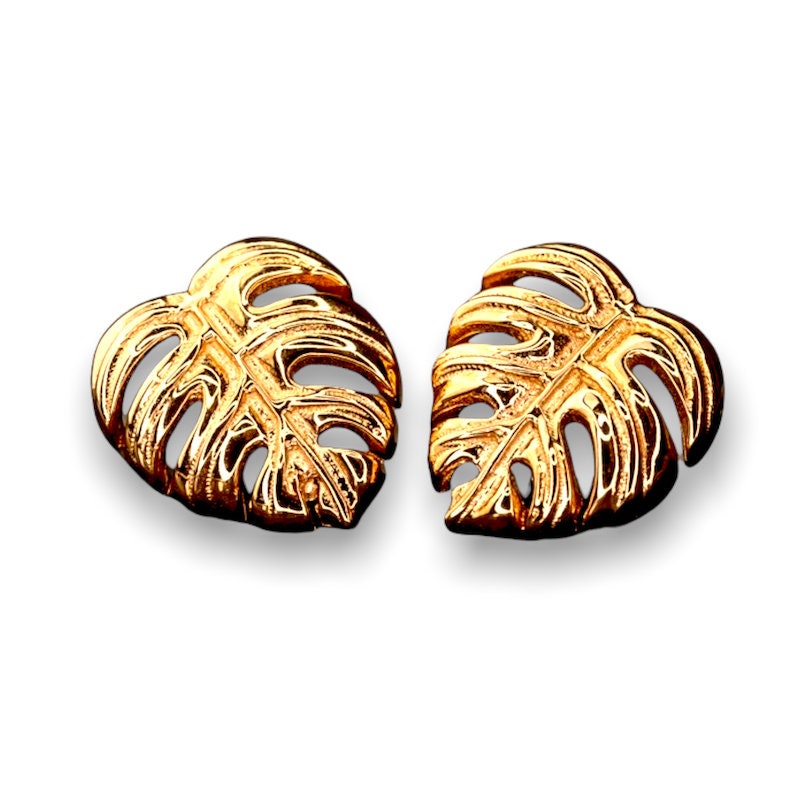 Monstera Leaf Stud Earrings - 925 Rosegold Gold Plated Exotic Leaves…